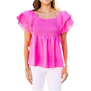 Umgee Women's Small Smocked Poplin Short Sleeve‎ Layered Ruffle Smocked Blouse